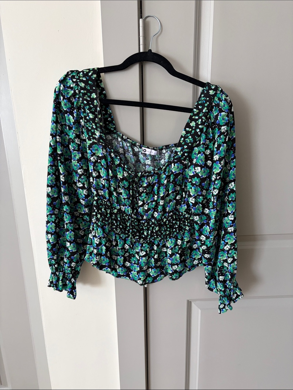 Smocked Floral Square-Neck Blouse in Green and Blue